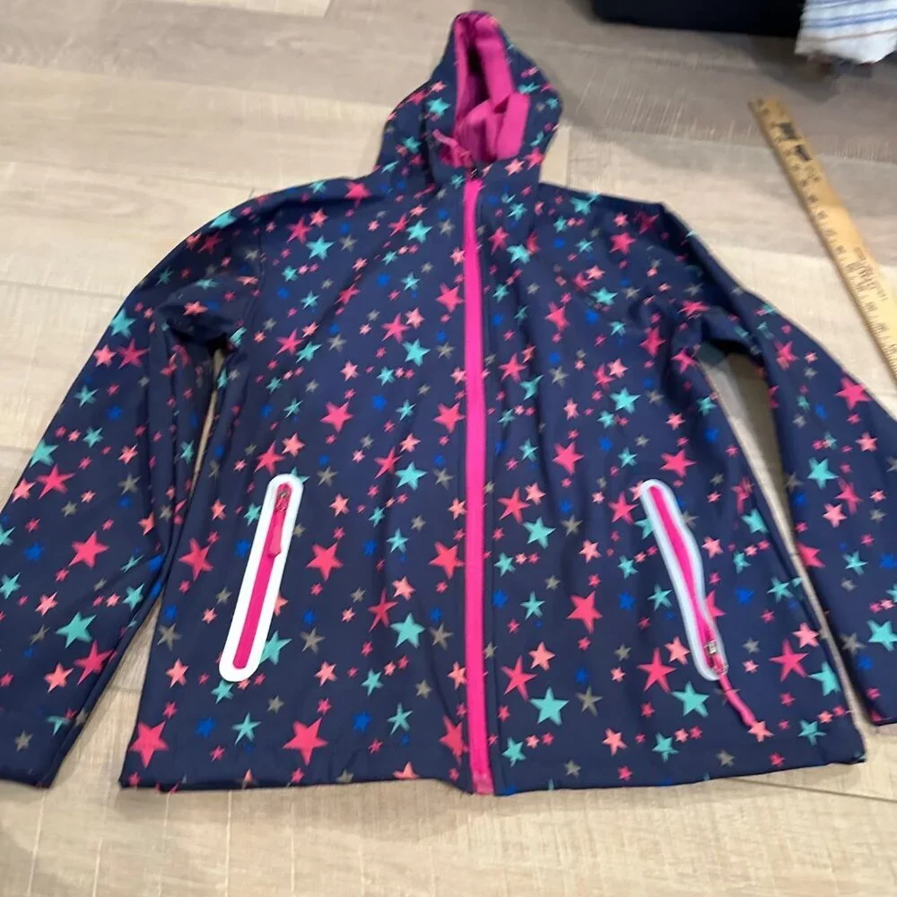 JINGLE BONGALA GIRLS HOODED RAIN JACKET 140 US SIZE 10 NAVY BLUE STARS